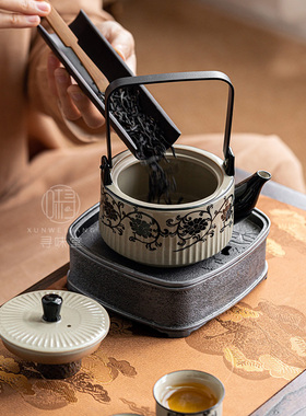 快速发货民窑雕花竖m纹提梁壶复古风磁州窑大茶壶青灰釉陶瓷家用