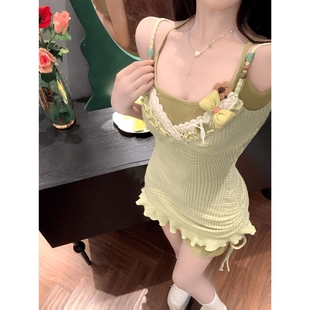 纯欲风辣妹短裙夏季 女 修身 显瘦设计感甜美针织吊带连衣裙两件套装