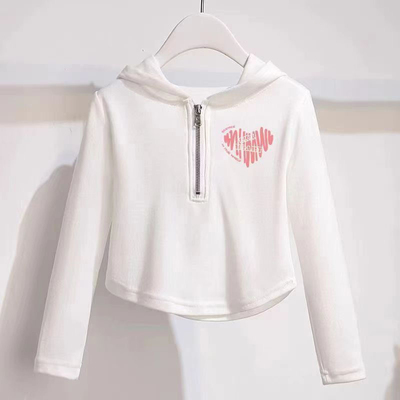 女童卫衣春秋装纯棉2025新款儿童长袖中大童短款白色T恤连帽上衣