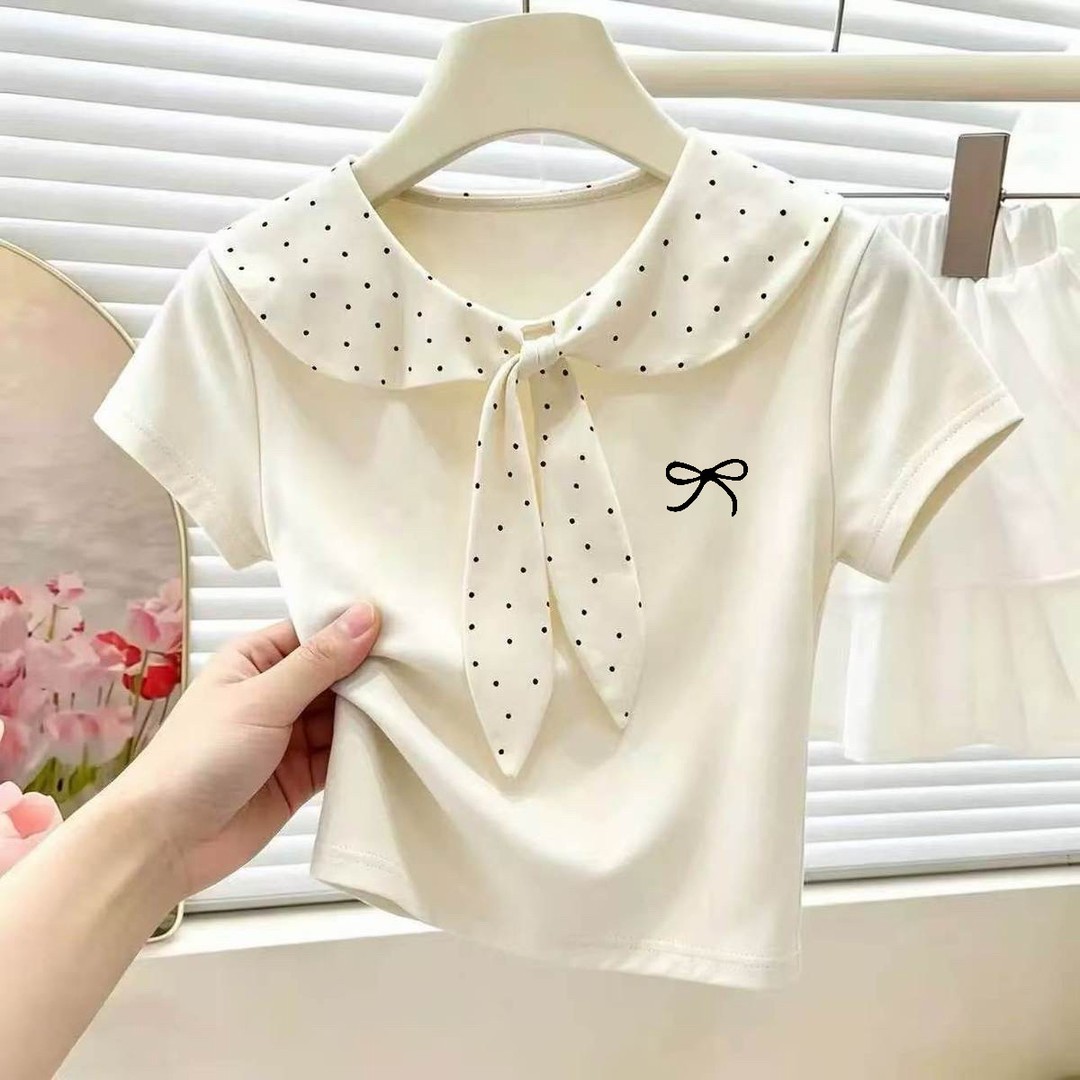 女童夏季学院风波点娃娃领短袖T图片