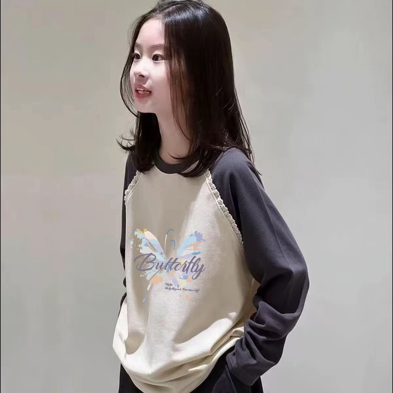 中大童休闲风撞色圆领长袖T恤ins女童卡通印花拼接宽松打底衫上衣