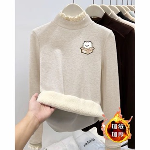 女童卫衣新款打底衫中大童奥粒绒加绒加厚花边半高领保暖印花上衣