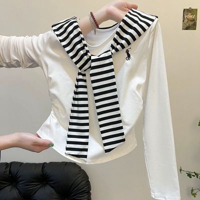 中大童条纹披肩T恤新款秋季