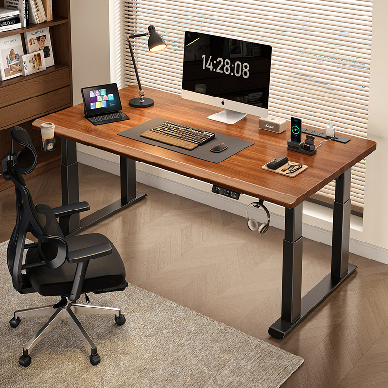 实木电动升降桌双电机四立柱智能电脑桌家用书桌自动电竞办公桌子