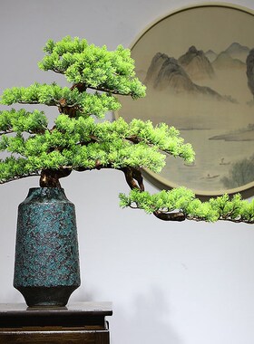 仿真迎客松盆景实木摆q件客厅玄关家居样板房中式博古架书房微景