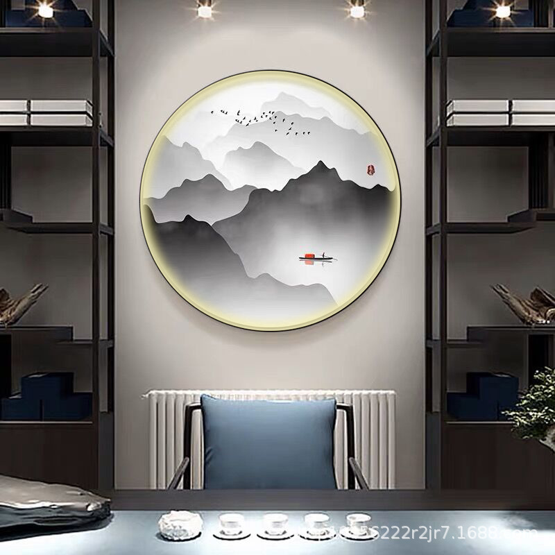 圆形led带灯入户玄关装饰画新中式山水茶室书房挂画过道走廊壁画图片