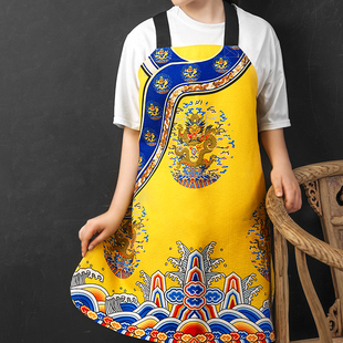 起贝龙袍围裙g故宫防水创意中国风背心式棉麻家用厨房防油围腰男