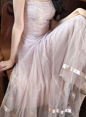 【雾色芭蕾】LIli百合乡原创烟粉网纱拼蕾丝不规则大摆仙气连衣裙