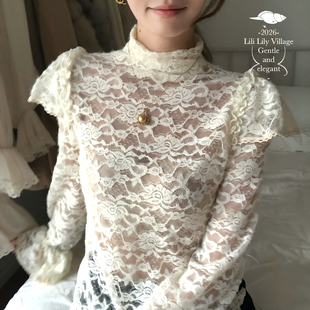 【玉簇】Lili百合乡法式优雅蕾丝荷叶肩灯笼袖植绒半高领打底衫