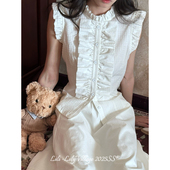 衬衫 小飞袖 蓝白梦 LIli百合乡原创清纯百搭宽边捏褶细节控修身