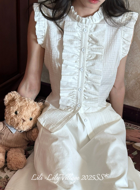 【蓝白梦】LIli百合乡原创清纯百搭宽边捏褶细节控修身小飞袖衬衫