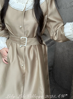 【棕影】Lili百合乡原创日常风棕绿色撞米白宽边珍珠扣中短款风衣