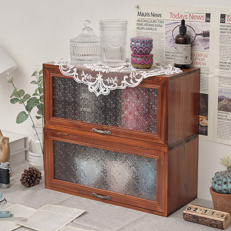 实木复古玻璃g防尘桌面收纳盒木制杯子置物架防尘水杯餐边柜储物