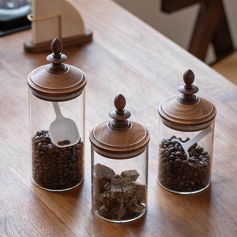 复古家用黑胡桃木盖玻璃罐密封罐厨房茶叶收纳罐日式咖啡豆储物罐,厨房/烹饪用具,密封罐,淘宝优惠券,粉丝福利购,淘宝优惠卷