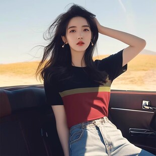 上衣洋气减龄独好看别致绝美漂亮小黑红撞色正肩短袖t恤女夏0517d