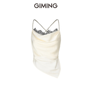 露背超火上衣 米白色法式 GIMING蕾丝挂脖吊带海边内搭 辣妹设计感