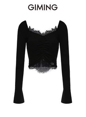 GIMING黑色蕾丝打底衫针织长袖拼接芭蕾风可外穿内搭修身上衣女士