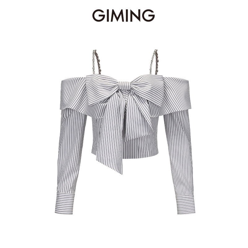 GIMING春款新款一字肩蝴蝶结百搭时尚条纹长袖上衣露肩短款吊带女