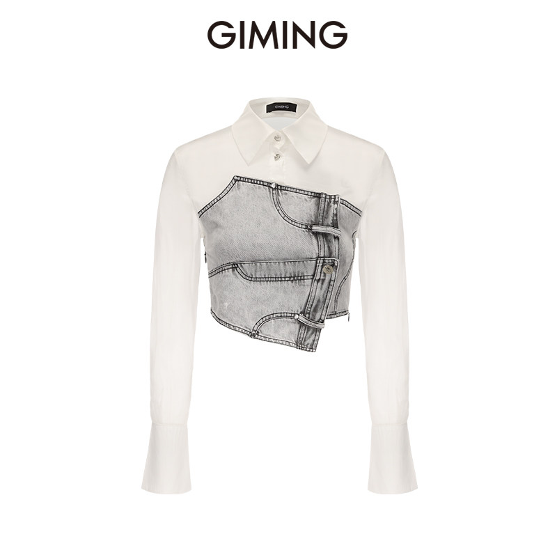 GIMING设计师品牌时尚百搭不对称腰封倒T型拼接上衣
