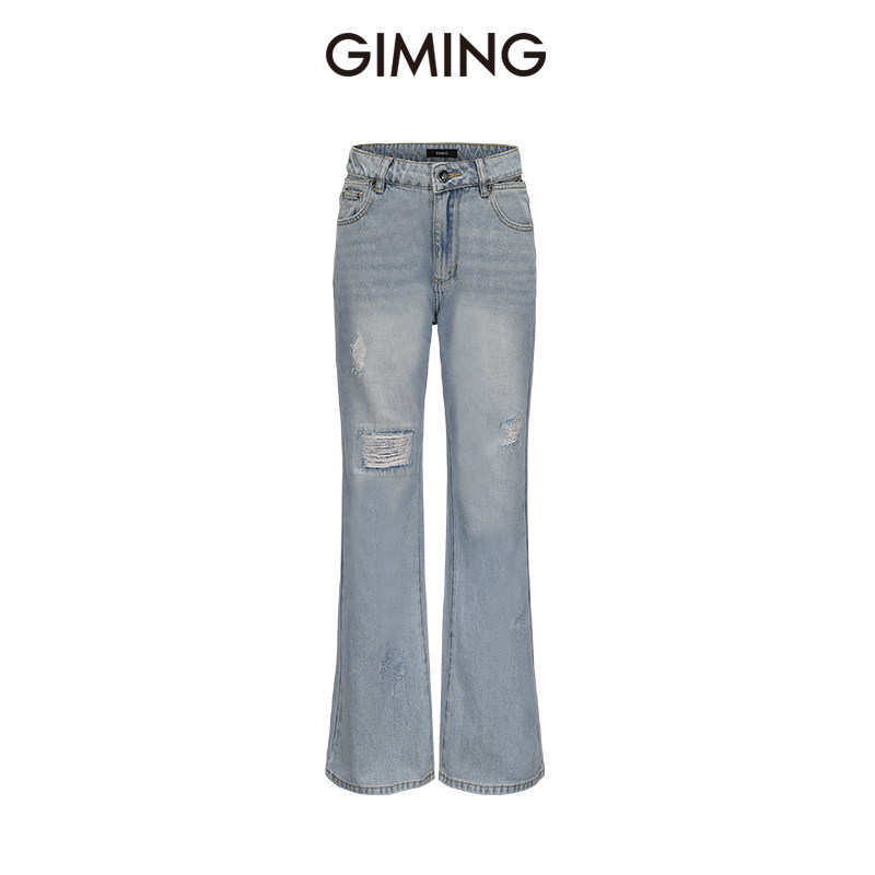 GIMING经典高腰牛仔直筒长裤