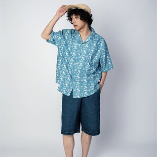 出差夏威夷23ss蔚蓝椰林短袖衬衫纯棉夏季度假海边衬衫男女复古