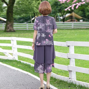 中年妈妈装2025夏装新款套装中老年女装雪纺衫短袖上衣宽松两件套