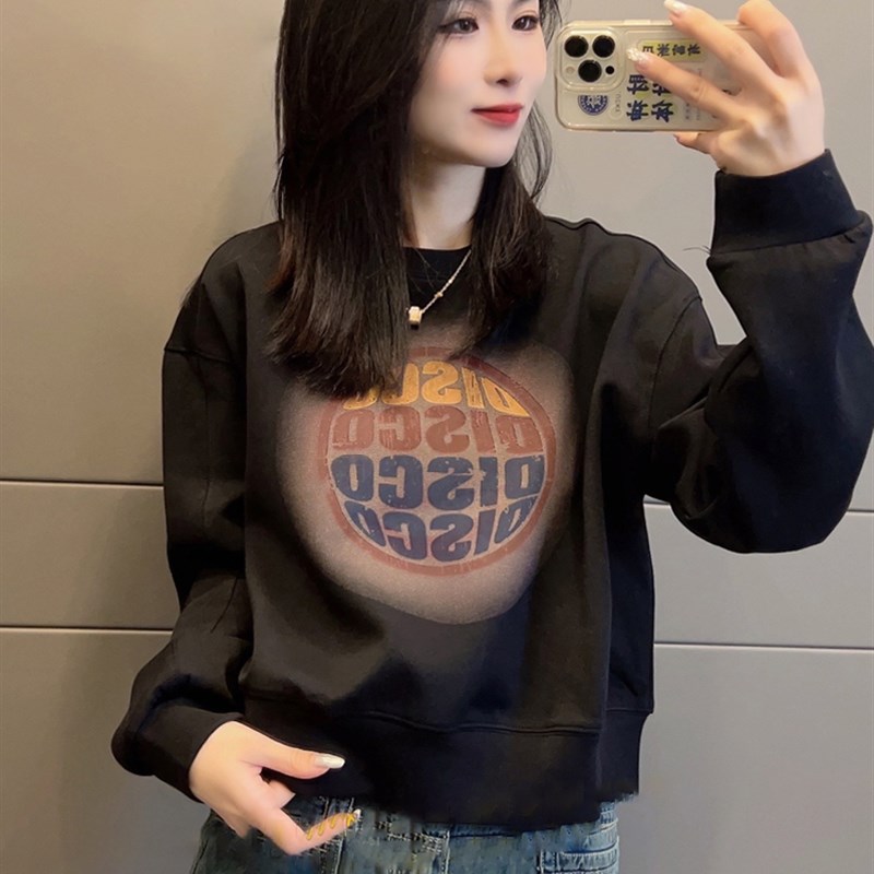 美式圆领短款卫衣女春秋款2024新款爆款早秋宽松韩版慵懒初秋上衣