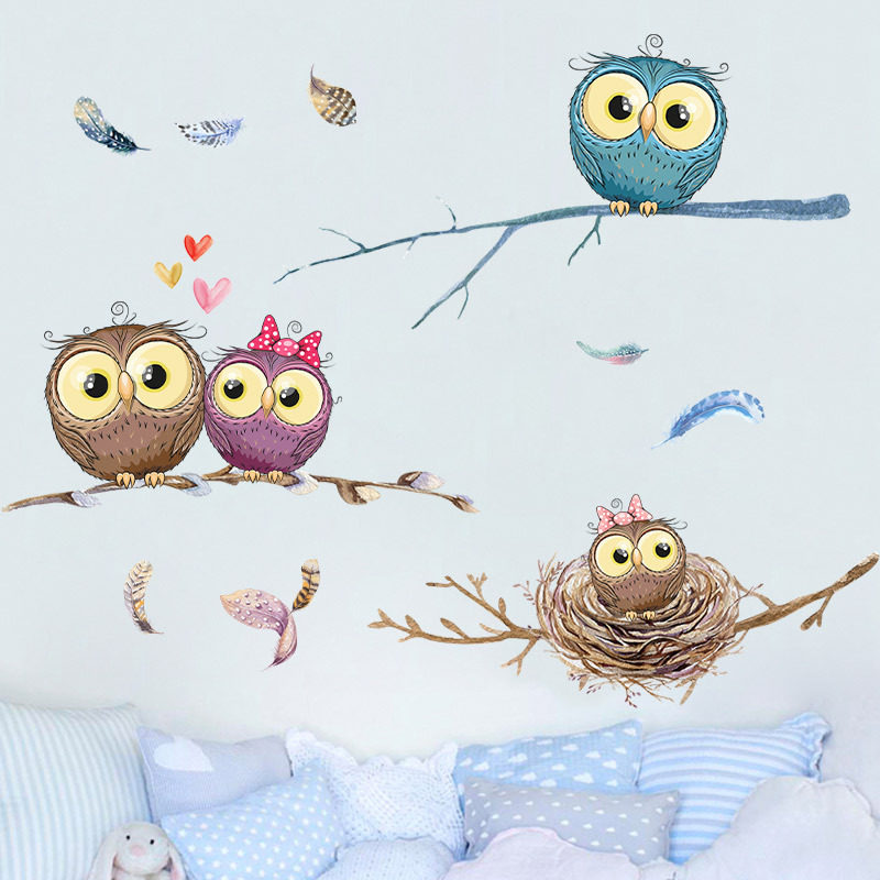 小清新猫头鹰创意墙贴卧室房间床头温馨壁纸自黏贴画墙壁装饰贴纸