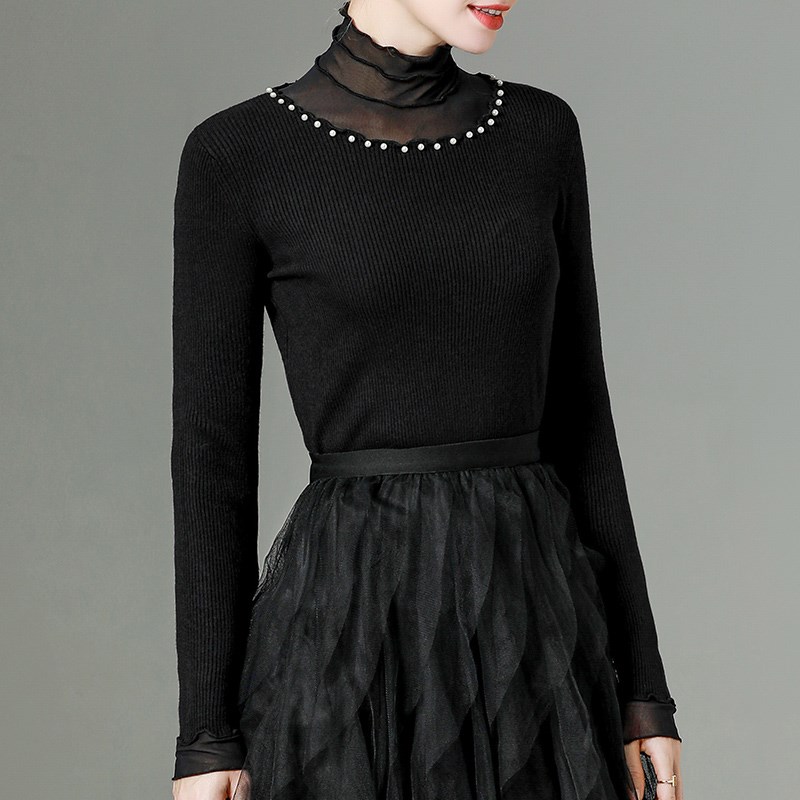 半高领针织衫女显瘦洋气网纱上衣黑色毛衣堆堆领打底衫内搭女秋冬