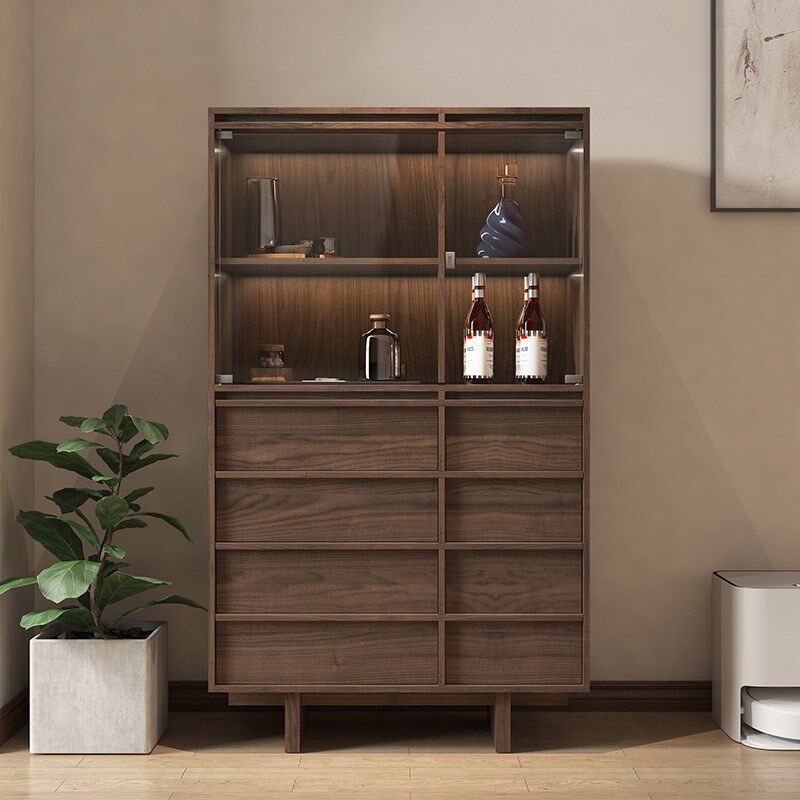 中古风酒柜 骨骼线收纳储物柜 黑胡桃色陈列柜灯带钢化玻璃边柜