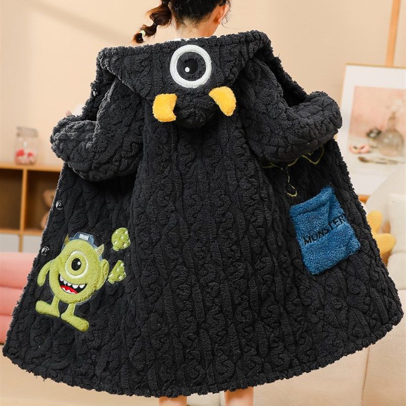 女童睡袍冬季三层加厚款夹棉女孩长款卡通加绒保暖儿童家居服浴袍