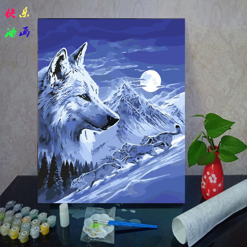 diy数字油画油彩画客卧室动漫减压手绘数码简单填色装饰画 狼月夜图片