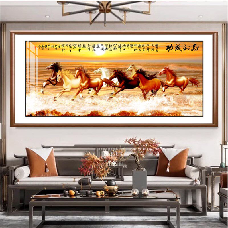 骏马图客厅挂画马到成功装饰画八骏办公室字画茶室沙发背景墙国画