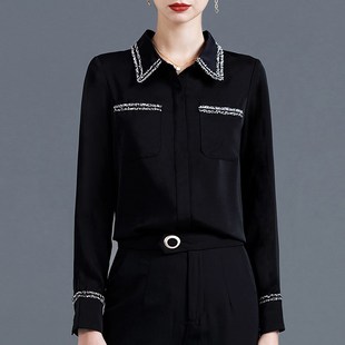 职业衬衫女秋季2023年新款衬衣女春秋宽松显瘦黑色长袖雪纺上衣女