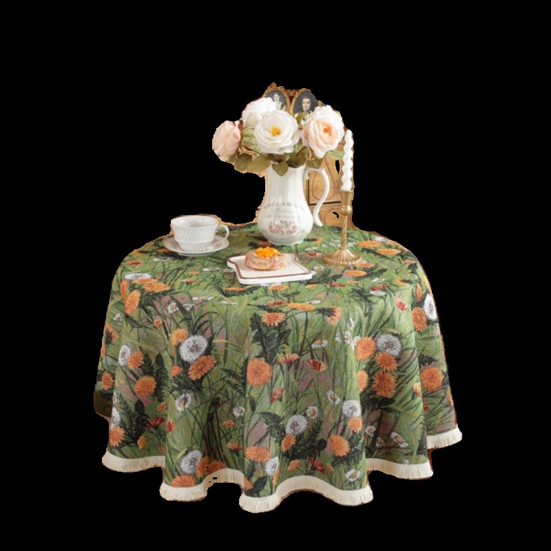 复古风油画感圆桌布绿色花朵小圆形桌布家居氛围装饰布艺茶几布