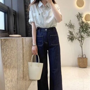 xxs码 145 显高高腰直筒复古九分阔腿裤 女夏季 155小个子八分牛仔裤