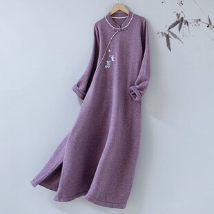 国风针织旗袍秋冬毛衣裙禅意茶服连衣裙女 新中式 墨下初心 归梦