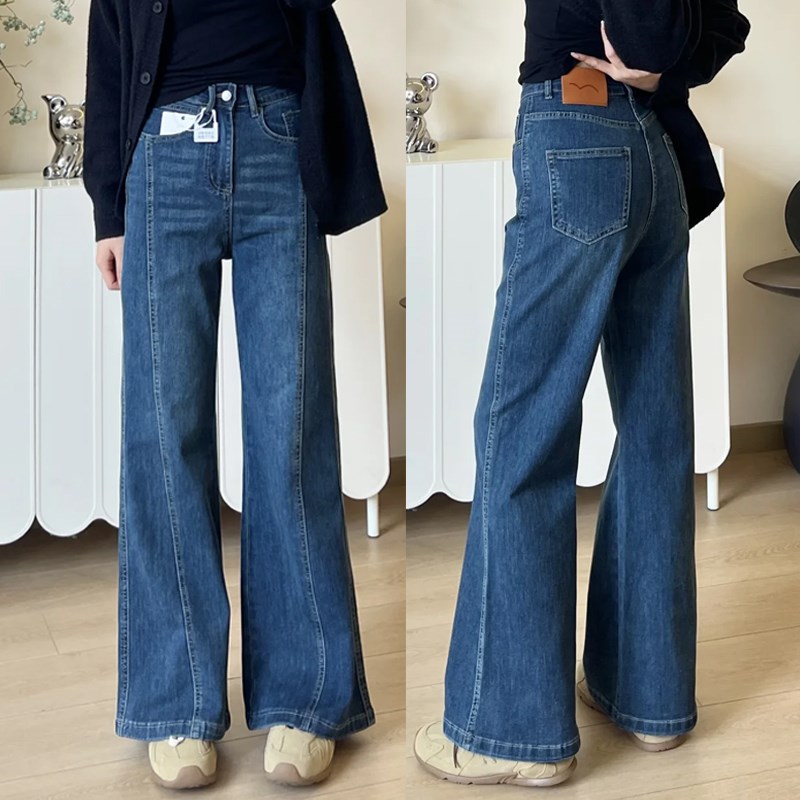复古蓝微喇牛仔裤女春季新款胖mm梨形身材高腰显瘦不贴腿喇叭裤子