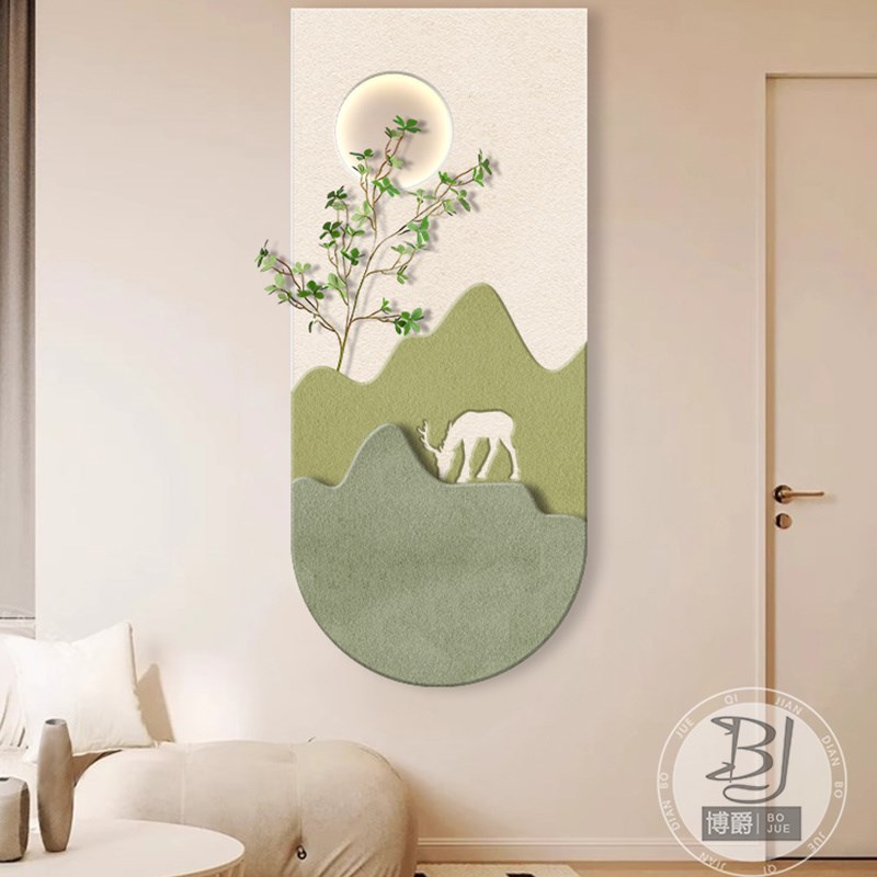 立体砂岩玄关装饰画麋鹿r沙发背景墙画肌理感走廊过道挂画绿植壁图片