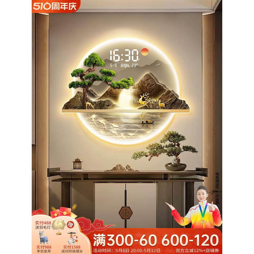 入户玄关装饰画带灯钟表挂钟客厅高级感流水生财挂画电子时钟挂墙