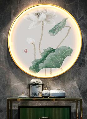 荷花画圆形玄关装饰带灯发式光新中壁客61686厅茶室走廊莲花led灯