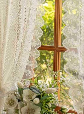 韩田园白色蕾丝纱乡帘飘窗窗帘式村半截帘短美帘式NUD免打孔隔断