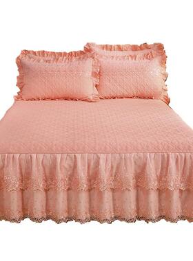 韩版夹棉加厚蕾丝床裙套单棉公主床罩三件件防裙式床单滑BJAaω