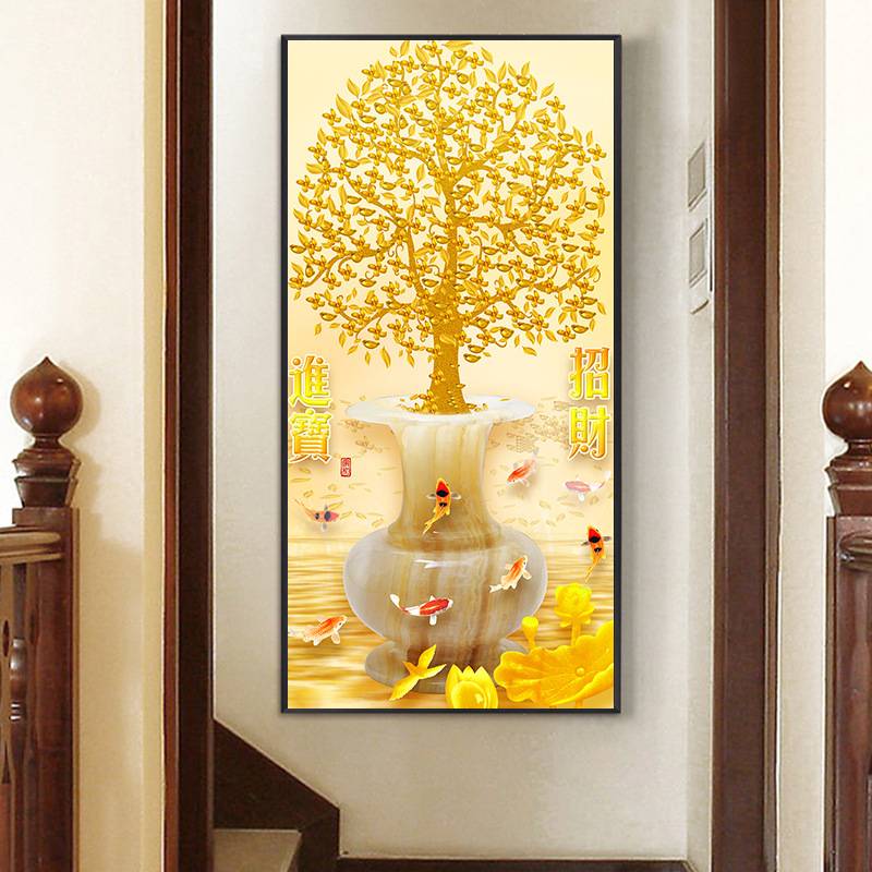 中式玄关装饰画单幅走廊过道竖版壁画发财树挂画招财摇钱树墙画图片