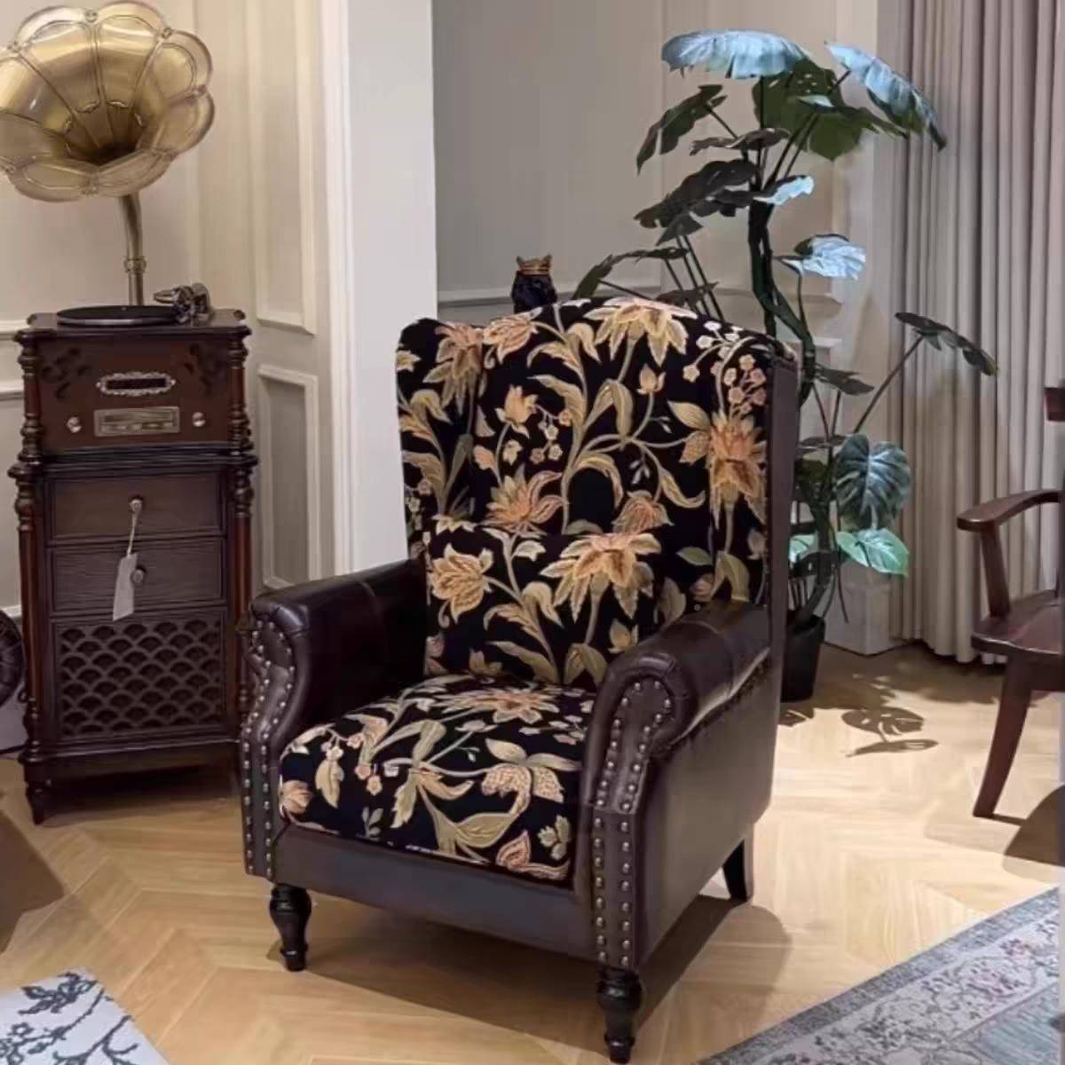 单法复古风布艺繁花接单椅美式式客厅拼高背休闲人沙发F988885J老