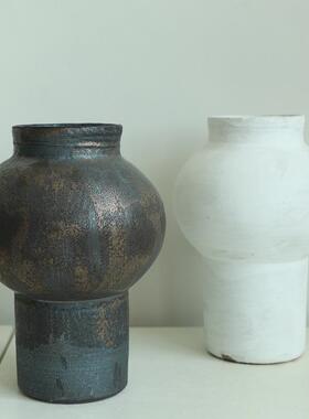 DSY粗陶花器复古陶大口陶径土陶瓷花罐器件白色黑摆金绿植插花日