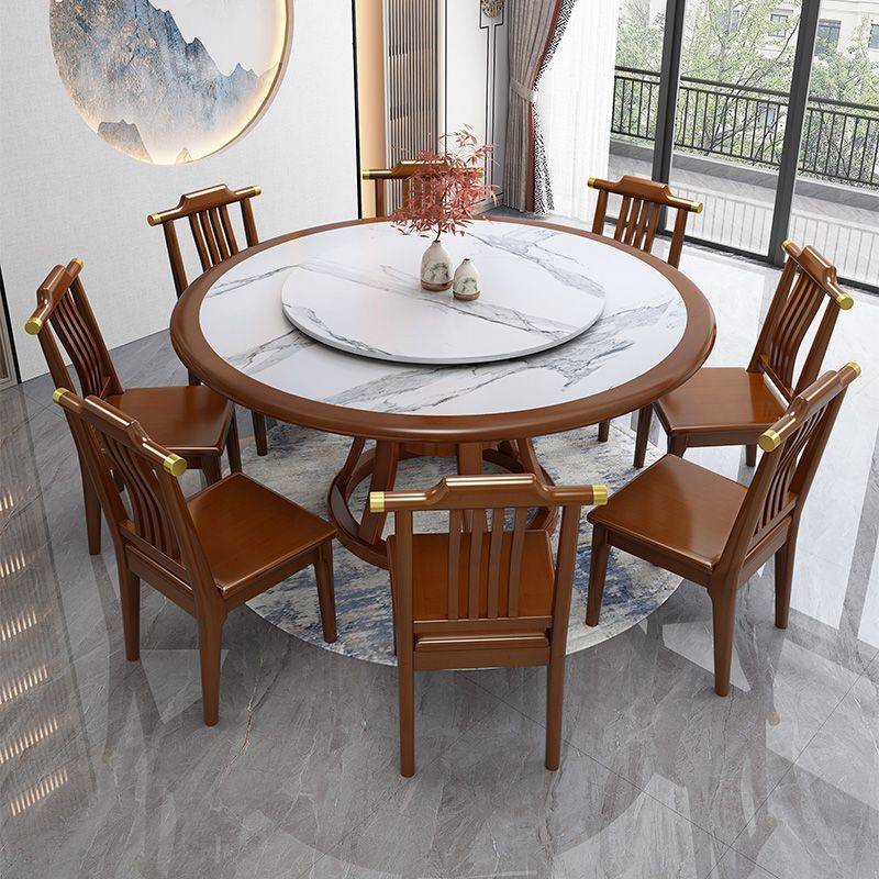 新中式岩板餐桌圆桌实木转盘餐桌椅组合现代简约家用饭店大圆桌子