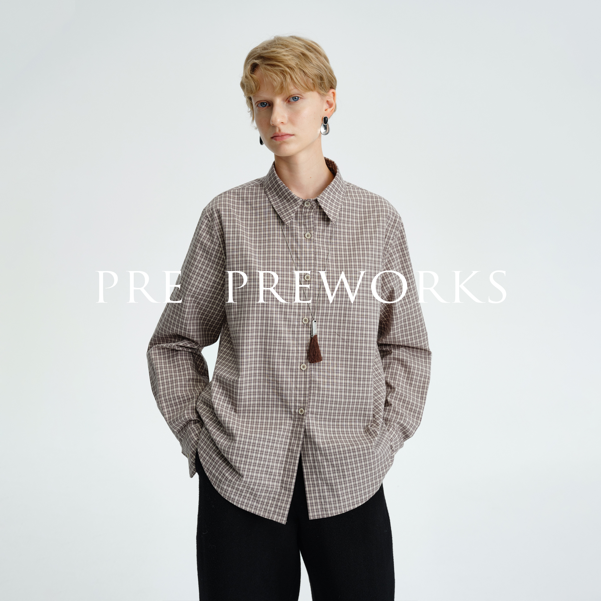 PRE PREWORKS基础通勤复古千鸟格子衬衫女 纯棉通勤休闲长袖衬衣