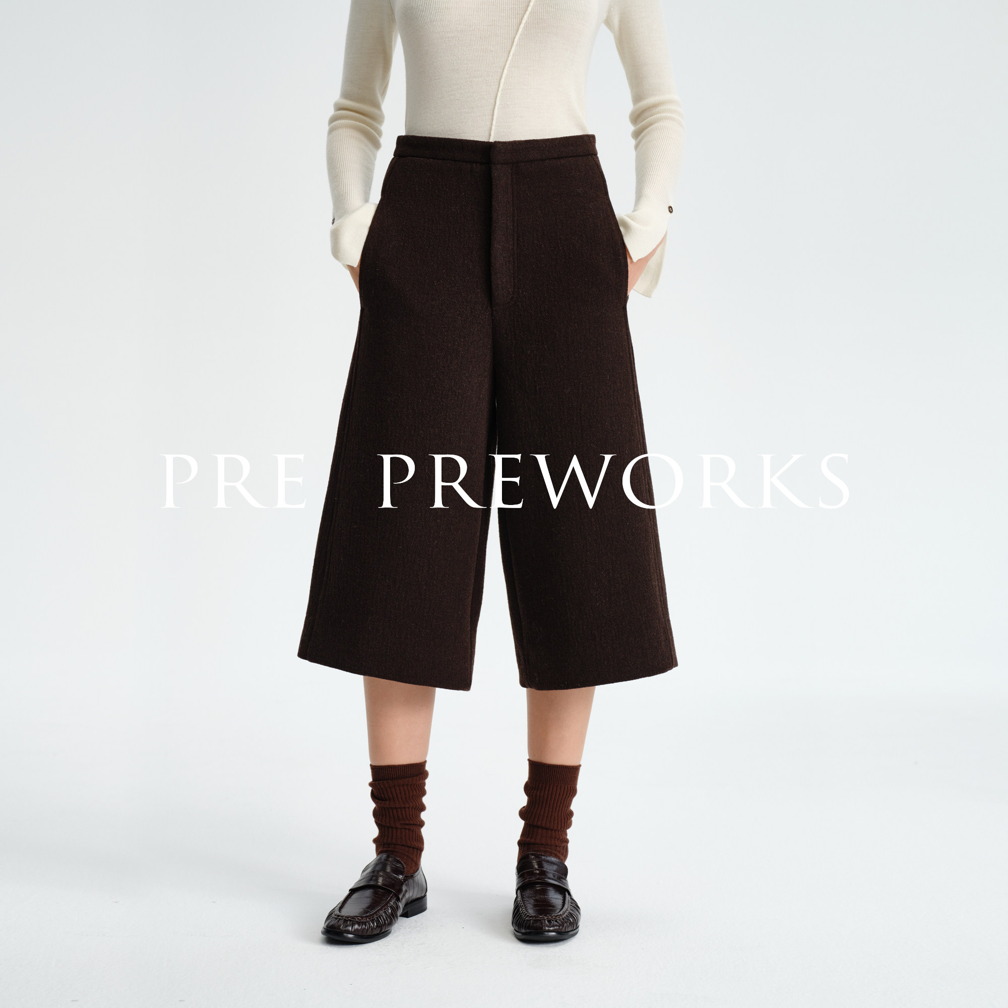 PRE PREWORKS时髦复古挺阔肌理感绵羊毛混纺毛呢直筒七分裤女