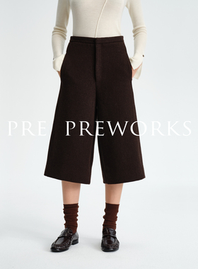 PRE PREWORKS时髦复古挺阔肌理感绵羊毛混纺毛呢直筒七分裤女